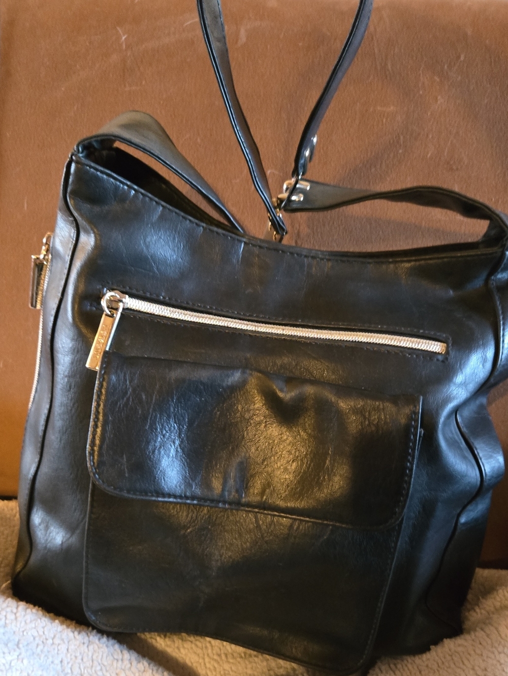 Black Leather Tote Bag with Front Pocket